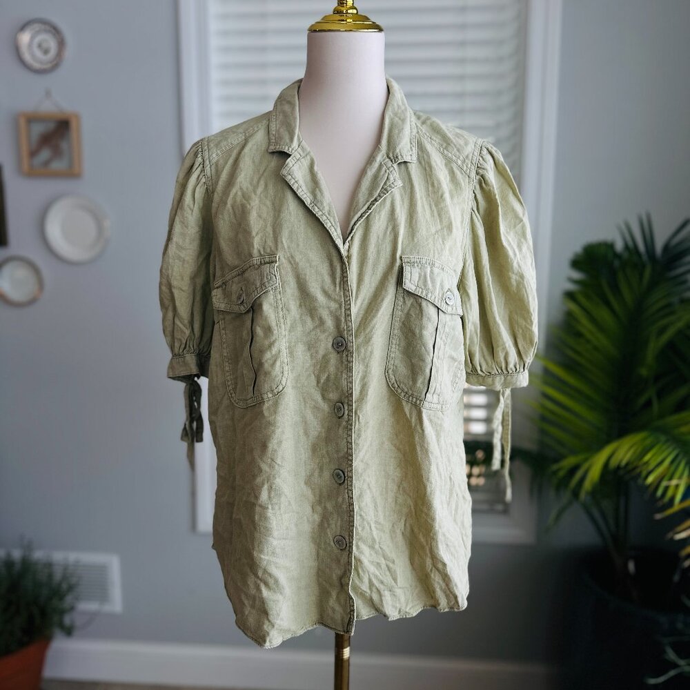 Free People Linen Blend Utility Button Down Blouse with Ties on Puff Sleeve Sz L